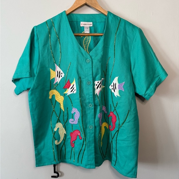90s Vintage Teal Fish & Seahorse Shirt | Beaded Seaweed | Ashlyn Kate XL - Picture 1 of 5